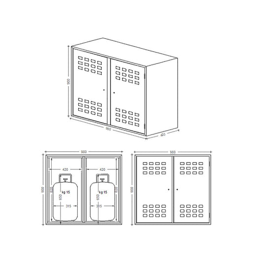 Armadietto box zincato h 90 x l 98 x p 42cm per la custodia di 2 bombole gas gpl