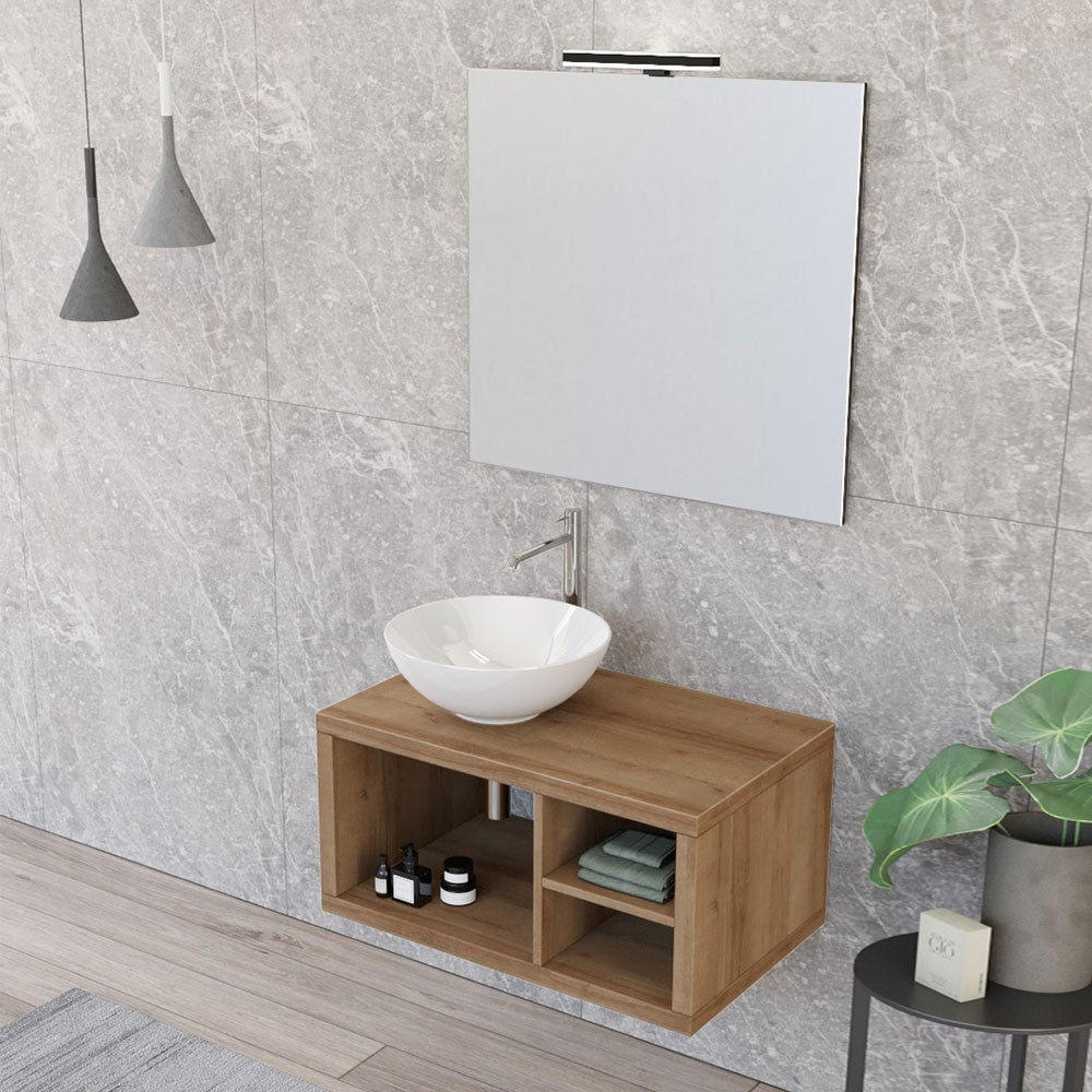 Mobile bagno sospeso 80 cm Master rovere miele con lavabo e specchio