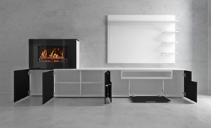 Mobili da soggiorno, camino elettrico a 5 livelli di fiamme, Bianco Opaco e Laccato Bianco Chiaro, 290x170x170x45cm 