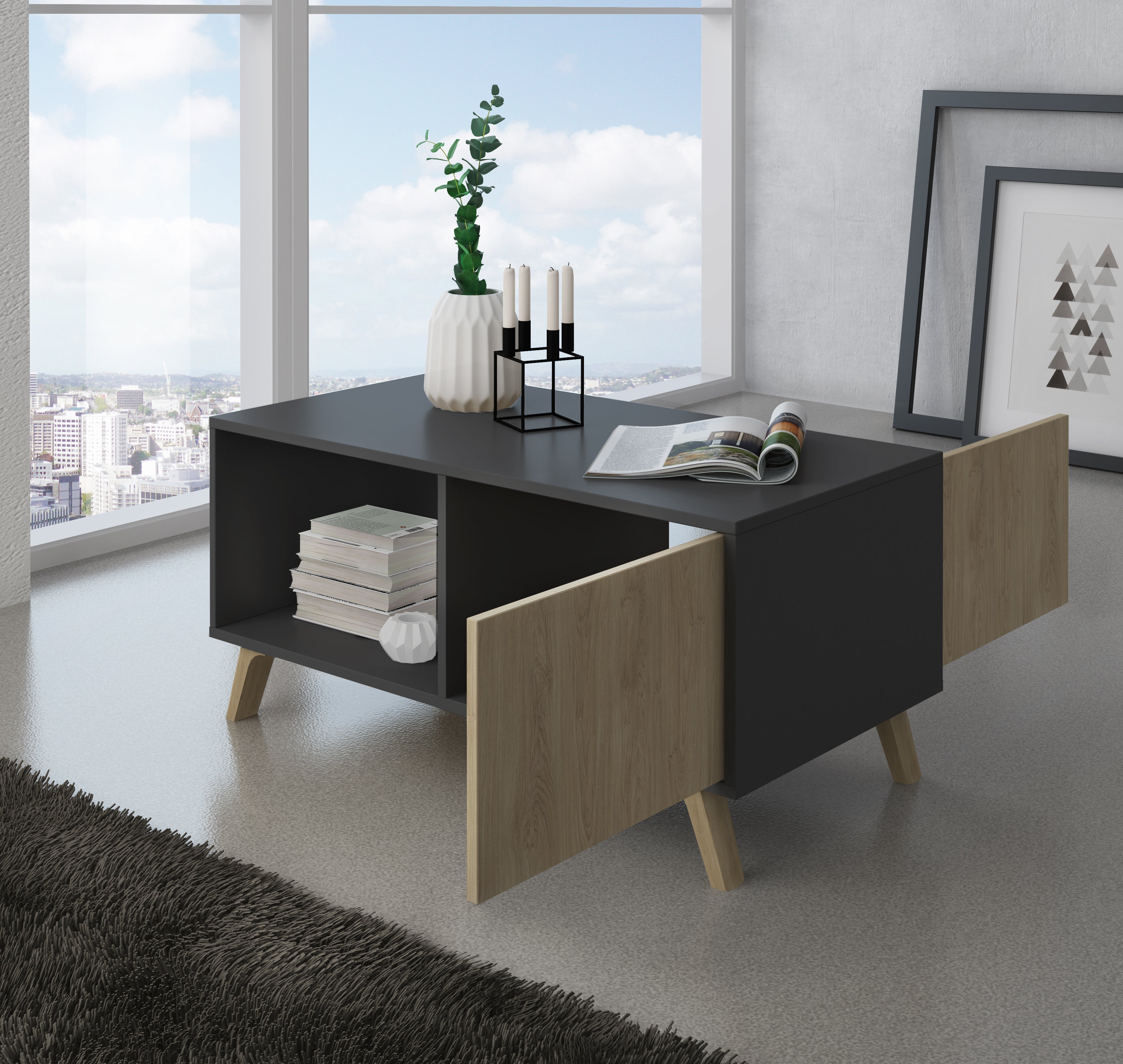 Mobile Tavolino con anta 92x50x45cm per sala da pranzo struttura Grigio Antracite e colore porte Rovere modello WIND