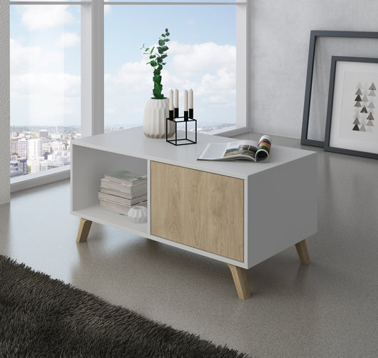 Mobile Tavolino con anta 92x50x45cm per sala da pranzo Bianco, porte colore Rovere modello WIND