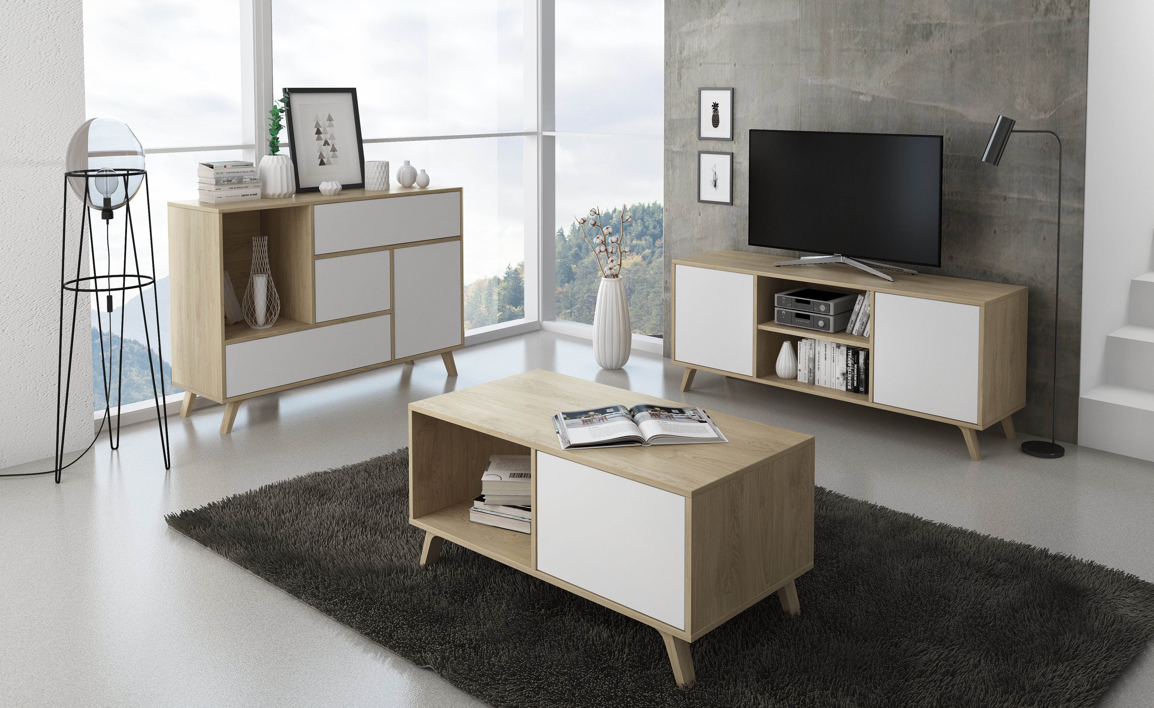 Mobile Tavolino con anta 92x50x45cm per sala da pranzo colore Rovere e porte colore bianco modello WIND