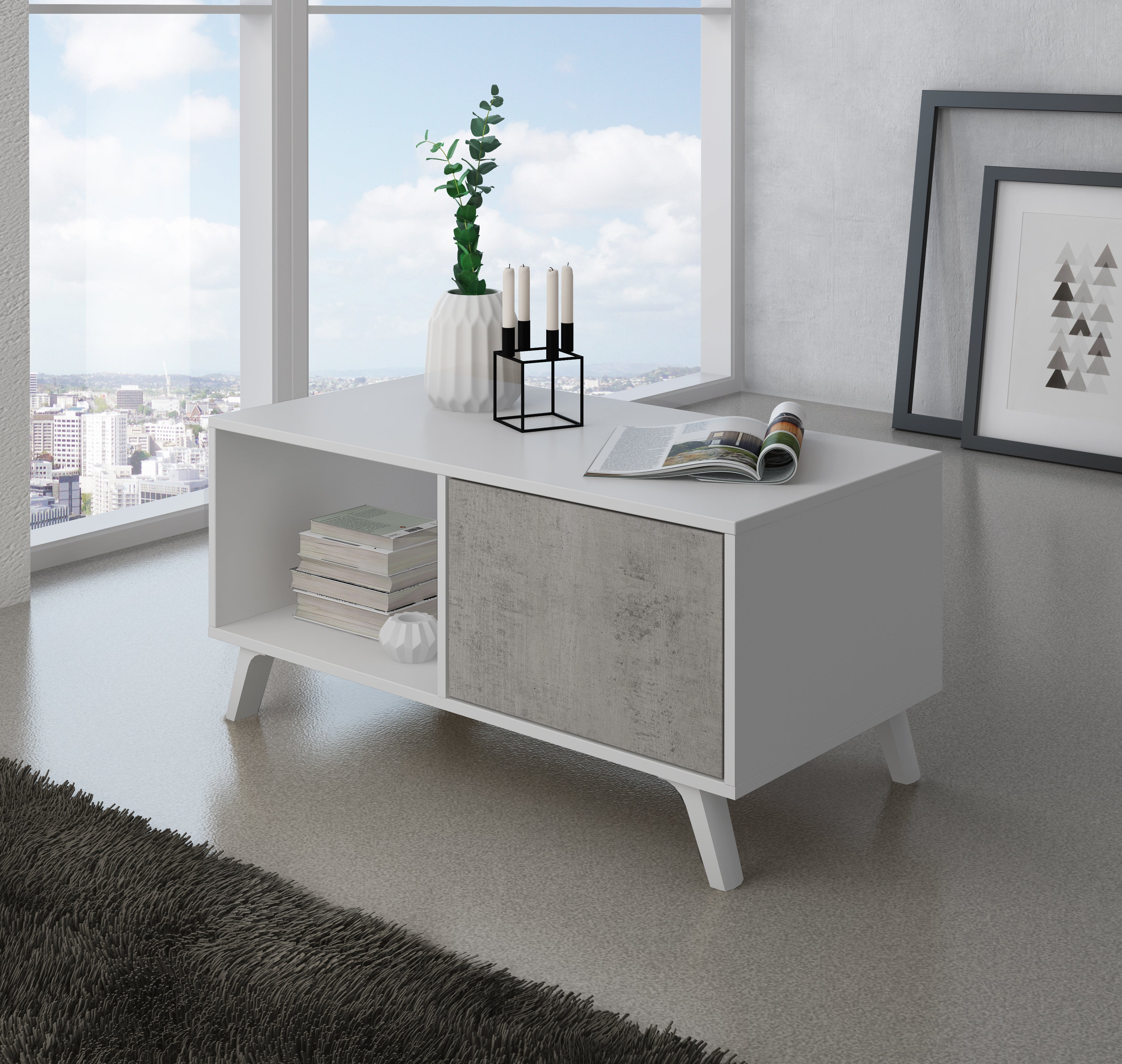 Mobile Tavolino con anta 92x50x45cm per sala da pranzo colore bianco opaco e colore porte cemento modello WIND