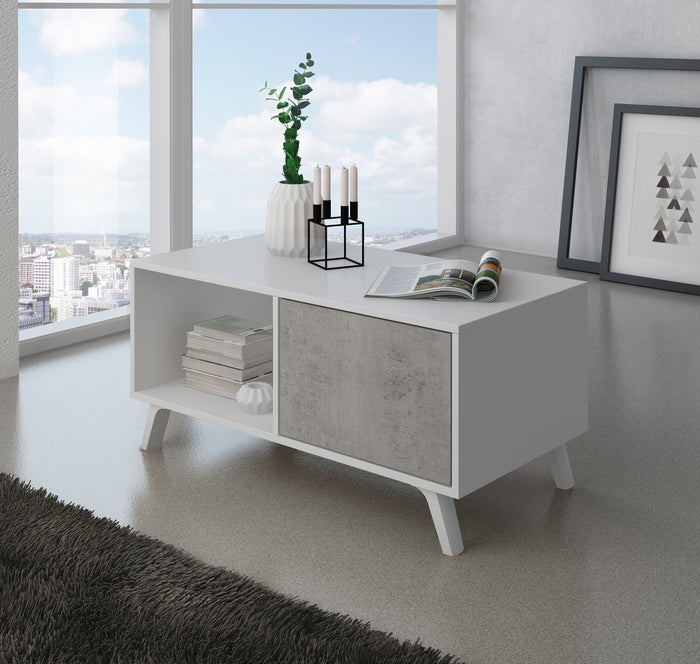 Mobile Tavolino con anta 92x50x45cm per sala da pranzo colore bianco opaco e colore porte cemento modello WIND