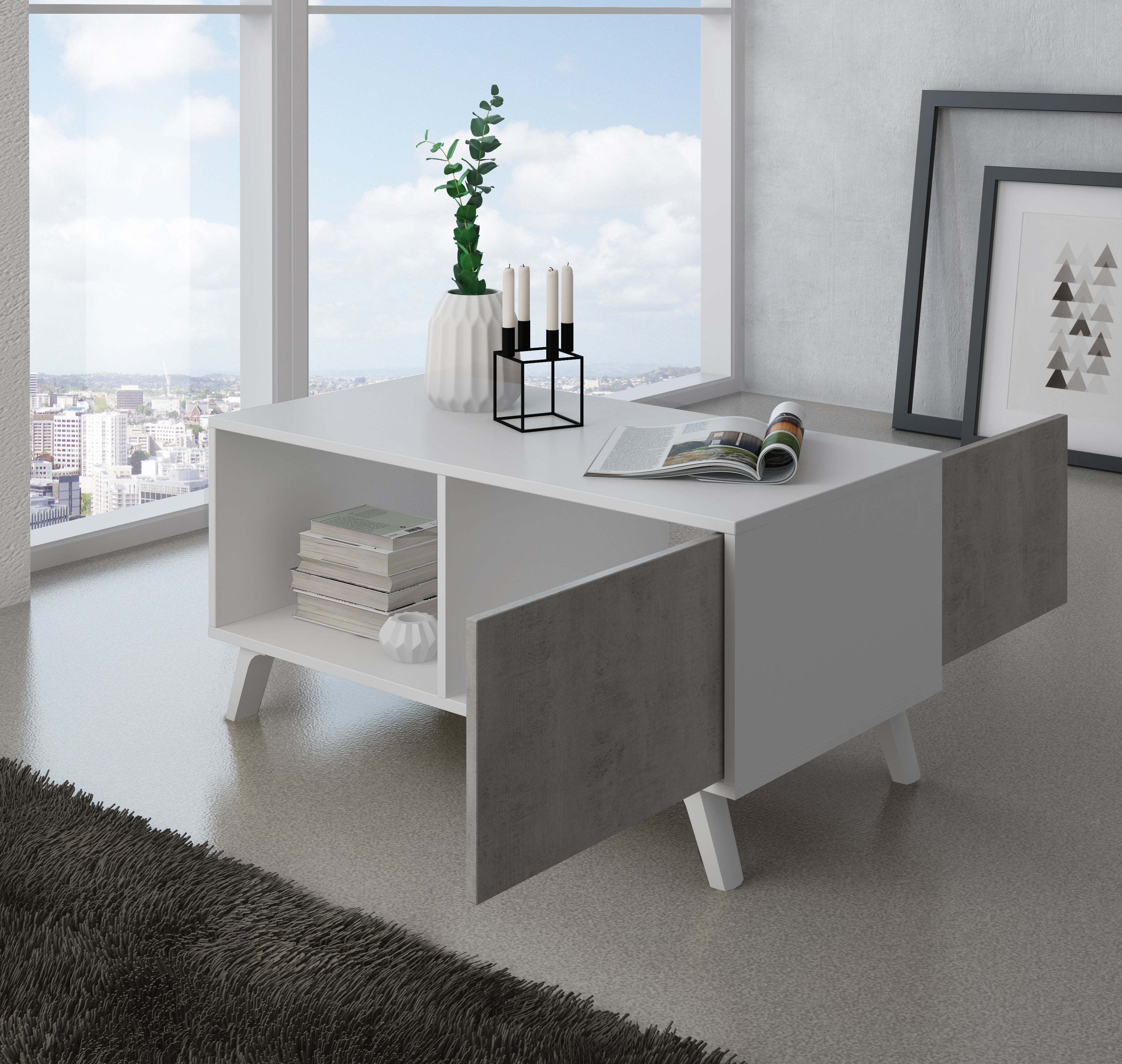 Mobile Tavolino con anta 92x50x45cm per sala da pranzo colore bianco opaco e colore porte cemento modello WIND