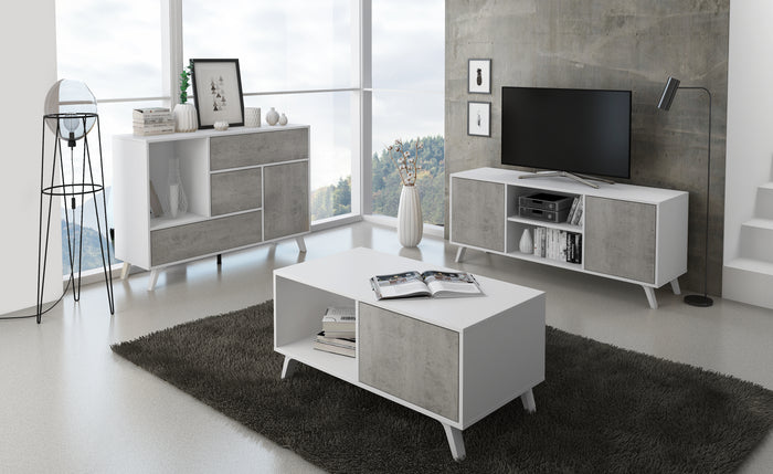 Mobile Tavolino con anta 92x50x45cm per sala da pranzo colore bianco opaco e colore porte cemento modello WIND