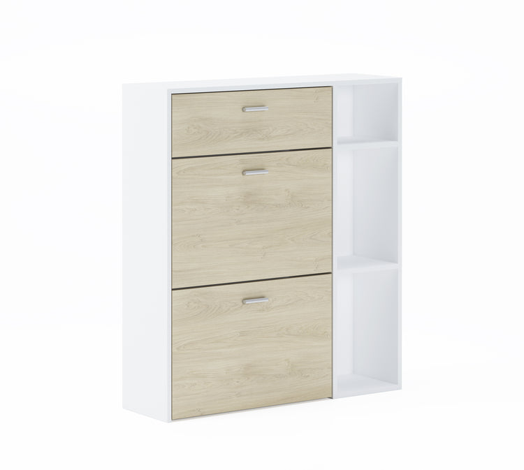 Mobile Portascarpe 90x26x101,5cm con 2 ante basculanti e cassetto colore Bianco e Rovere modello Wind 