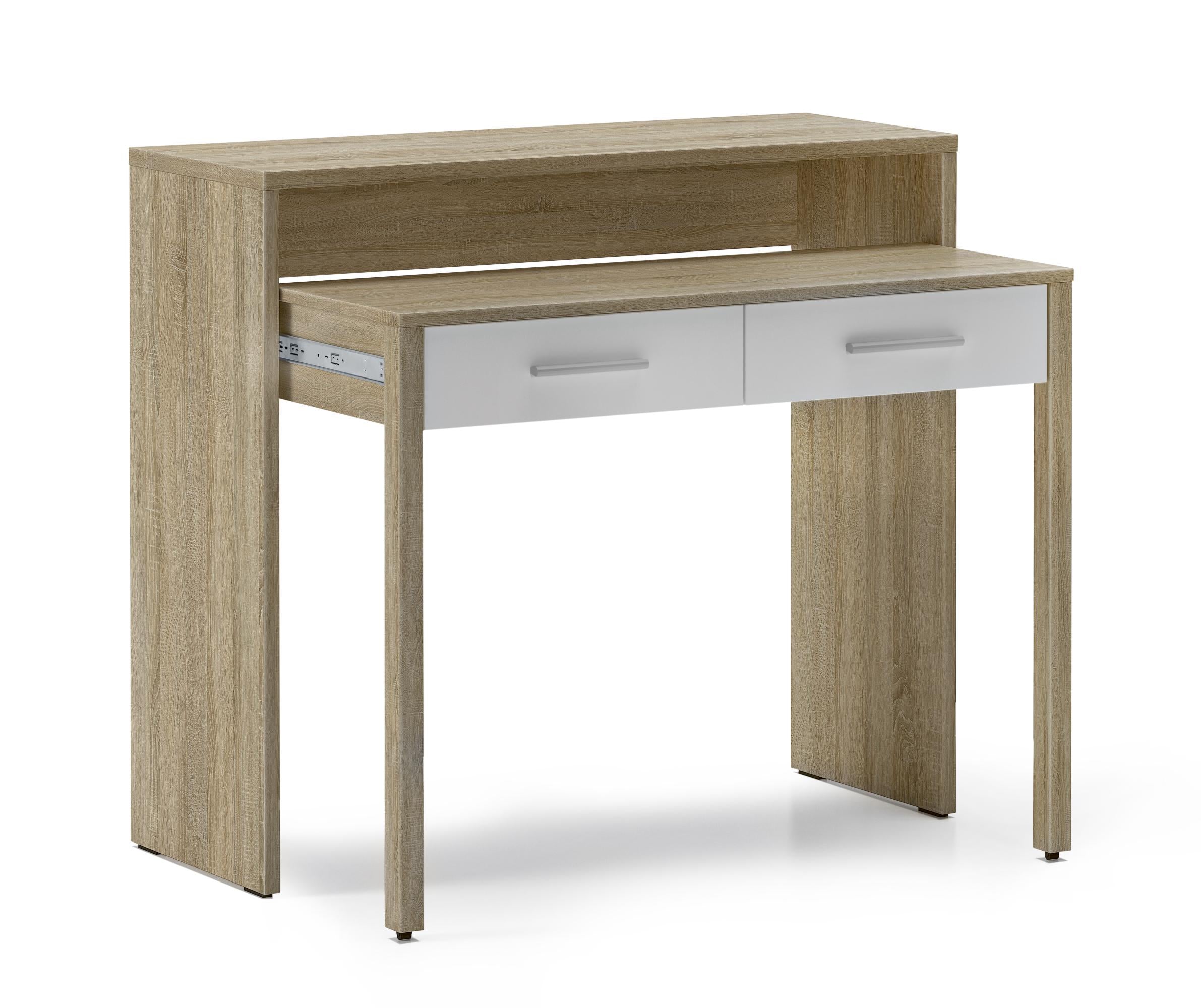 Tavolo allungabile scrivania, console studio ordinatore, 2 cassetti , rovere/bianco