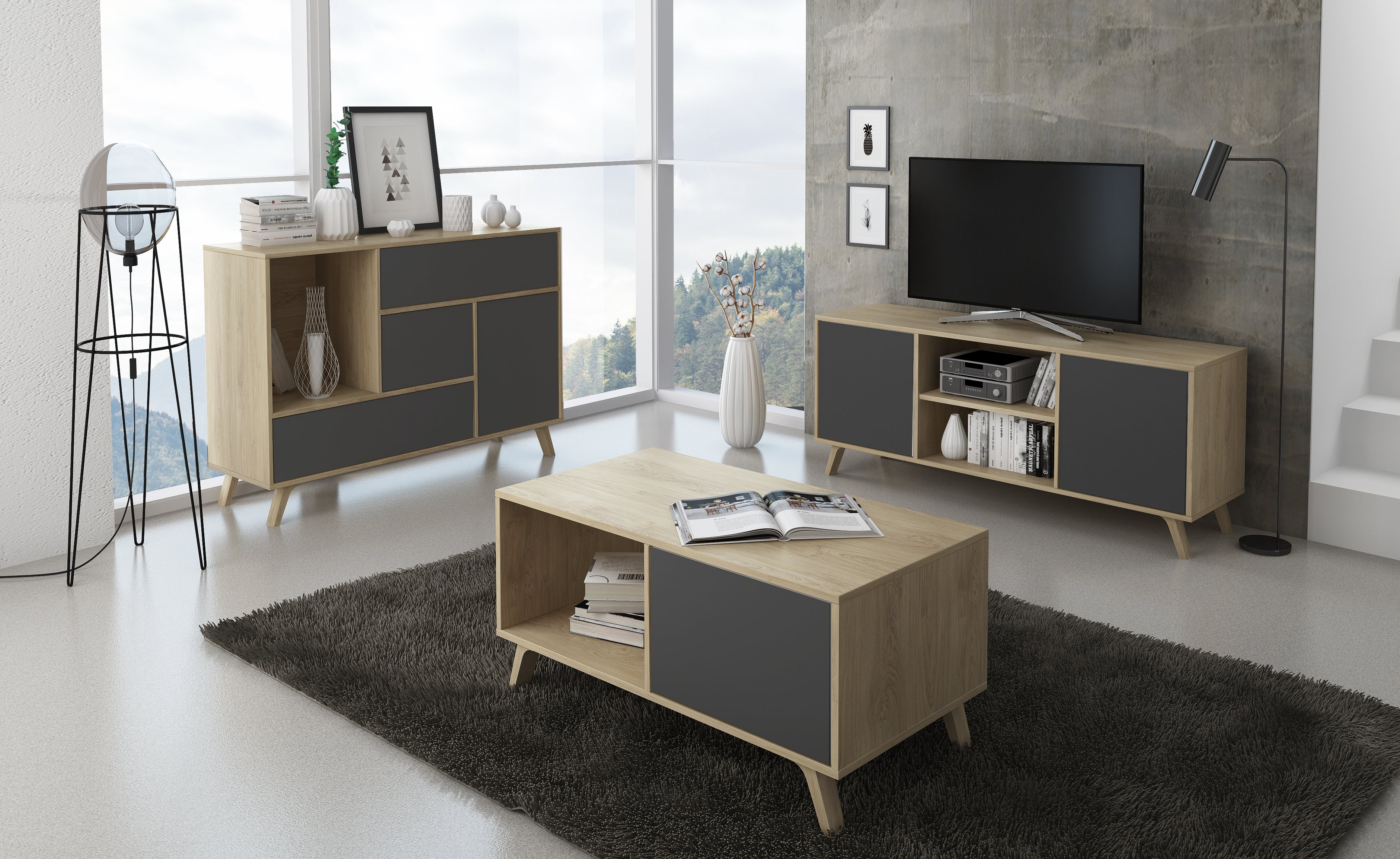 Set, Sala da pranzo, Rovere e colore ante e cassetti Grigio - buffet - mobile tv - Tavolo centrale modello wind