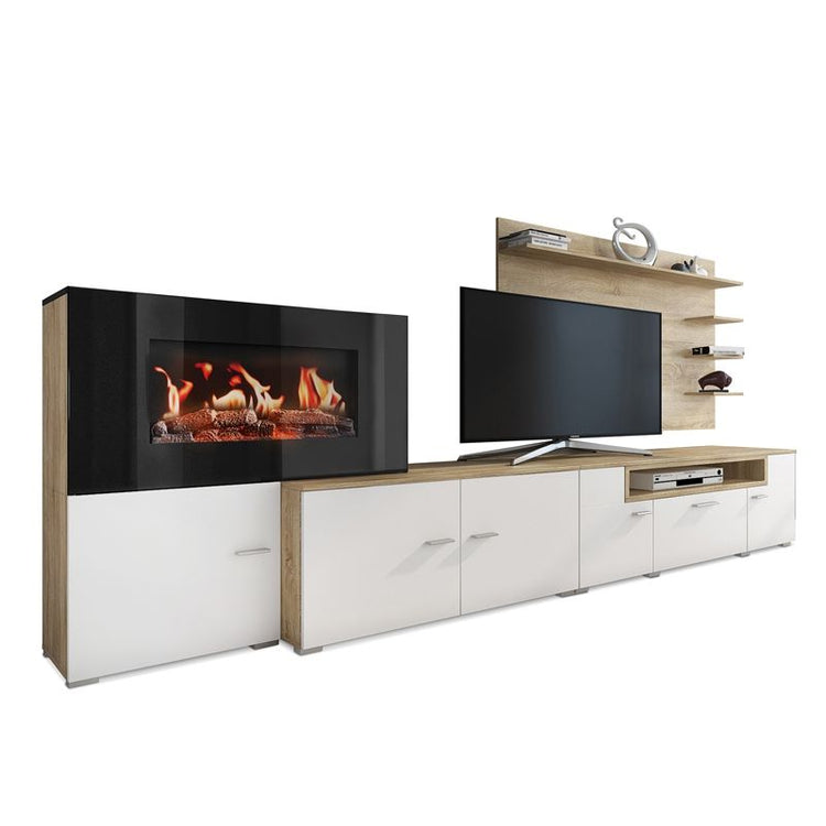 Mobili da soggiorno, camino elettrico a 5 livelli di fiamme, bianco opaco e rovere chiaro spazzolato, 290x170x170x45cm 