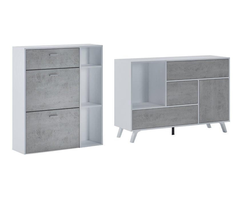 Set ingresso, sala da pranzo, credenza,  bianco e porte e cassetti cemento - buffet - scarpiera