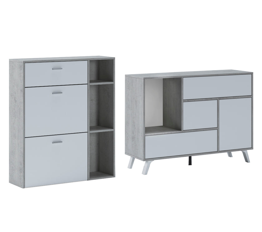 Set ingresso, sala da pranzo, credenza,  cemento e porte e cassetti bianco - buffet - scarpiera