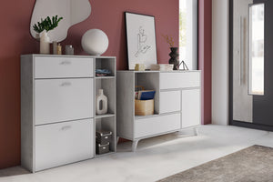 Set ingresso, sala da pranzo, credenza,  cemento e porte e cassetti bianco - buffet - scarpiera