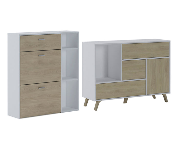 Set ingresso, sala da pranzo, credenza,  bianco e porte e cassetti rovere - buffet - scarpiera