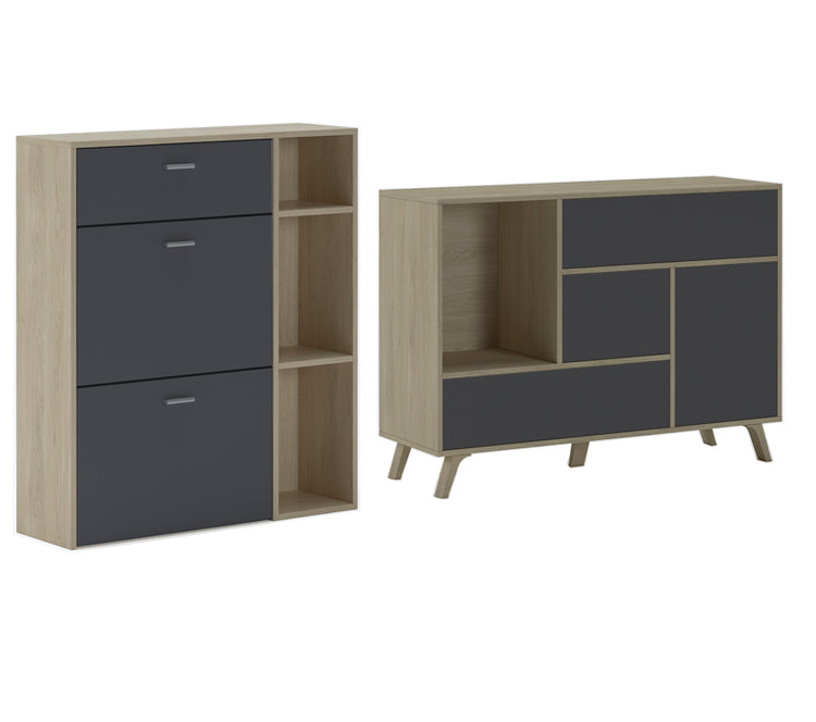 Set ingresso, sala da pranzo, credenza,  rovere e porte e cassetti grigio - buffet - scarpiera