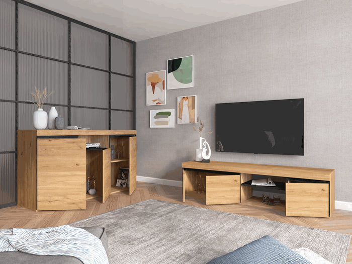 Mobile TV mod NATURALE ''Rovere/Nero'', 2 porte e 2 comparti, 160x40x41cm