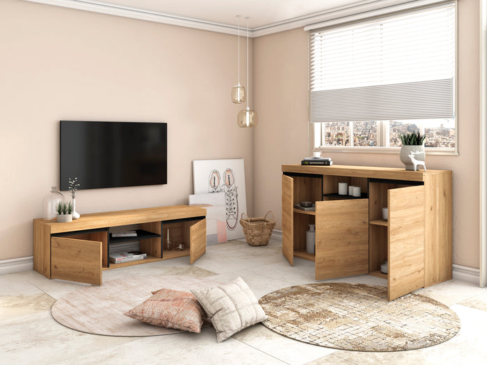 Set Naturale soggiorno sala da pranzo, mobili ausiliari, buffet mobile-tv 140cm colore rovere nordico e nero