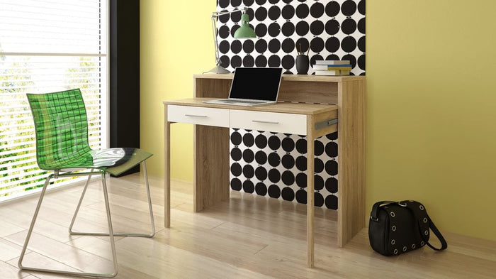 Tavolo allungabile 98,6x86,9x36-70cm console da studio con 2 cassetti colore rovere e bianco