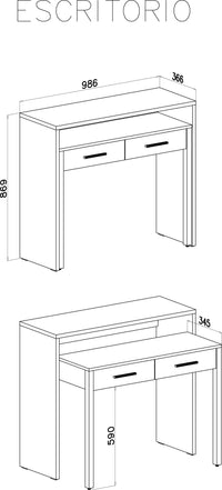 Tavolo allungabile scrivania, console studio ordinatore, 2 cassetti , rovere/bianco