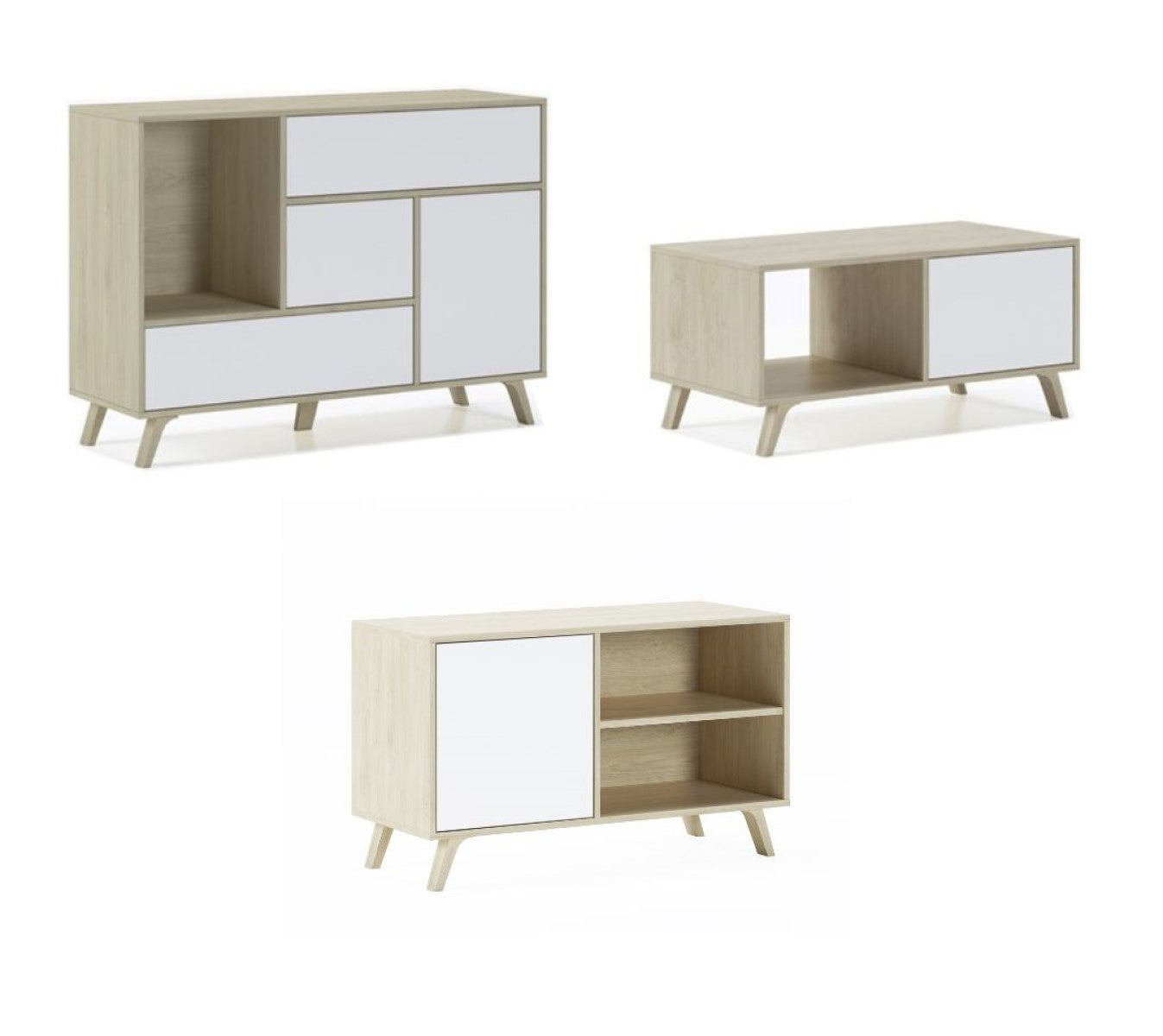 Mobili Soggiorno set composto da Credenza mobile tv tavolino colore Rovere porte e cassetti Bianco