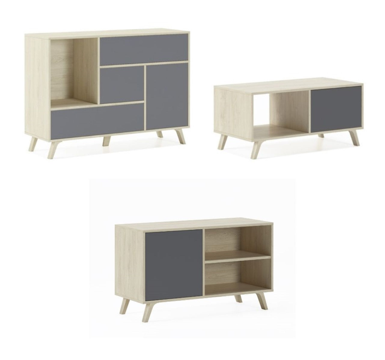 Mobili Soggiorno set composto da Credenza mobile tv tavolino colore Rovere ante e cassetti Grigio