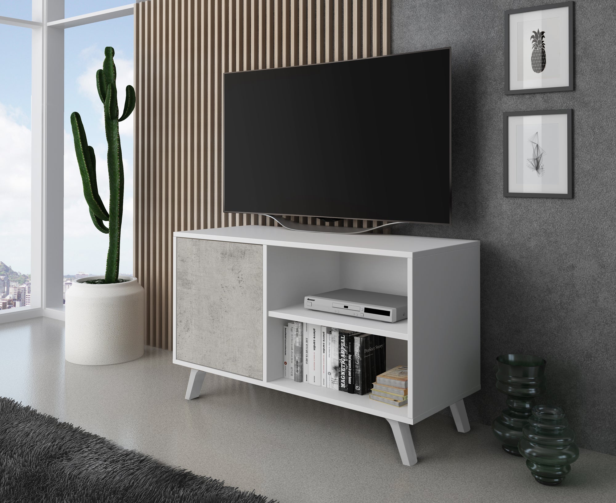 Set Wind, Sala da pranzo, Credenza-Mobile-tv100-Tavolino, Struttura bianca, ante e cassetti Cemento