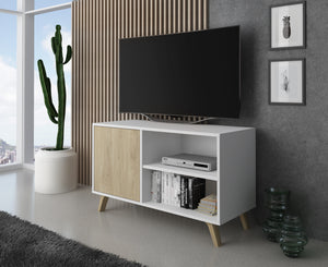 Set Wind, Soggiorno Sala da pranzo, Credenza-Mobile tv100-Tavolino,  Bianco Ante e cassetti Rovere