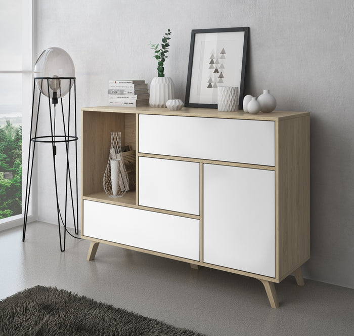 Mobili Soggiorno set composto da Credenza mobile tv tavolino colore Rovere porte e cassetti Bianco