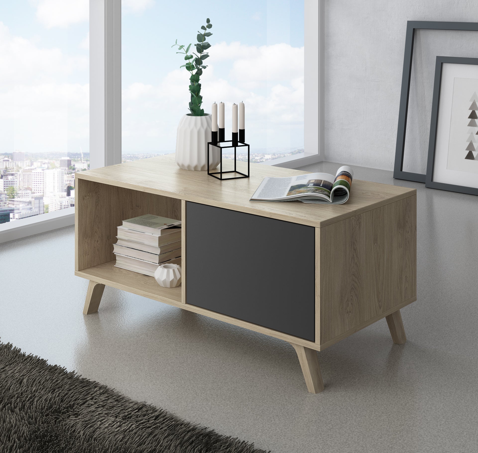 Mobili Soggiorno set composto da Credenza mobile tv tavolino colore Rovere ante e cassetti Grigio