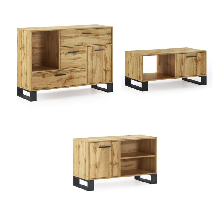 Set LOFT, Sala da pranzo, Credenza - tavolino - mobile tv, colore rovere rustico modello Loft