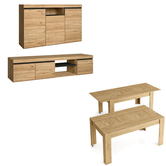 Set Naturale soggiorno sala da pranzo, Credenza-mobile tv 160cm-tavolo allungabile rovere/nero