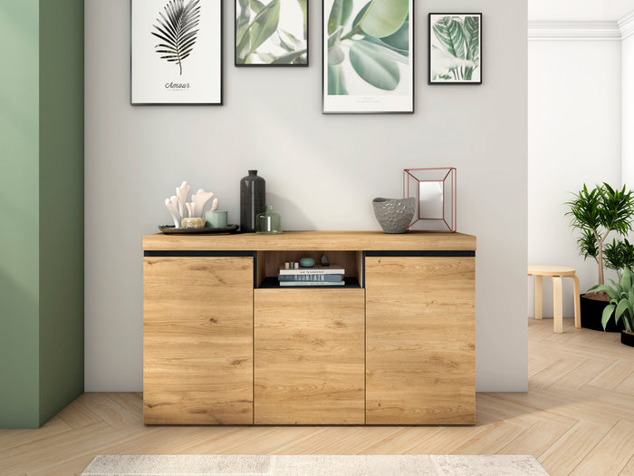 Set Naturale Sala da pranzo, mobili per sala da pranzo, Credenza-mobile tv 140cm-tavolo allungabile colore rovere e nero