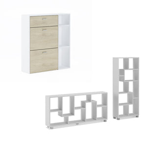 Set di Scarpiere WIND, struttura bianca, porta e cassetti in rovere, 90x26x101,5cm Libreria bianco opaco, 68,5x25x161cm