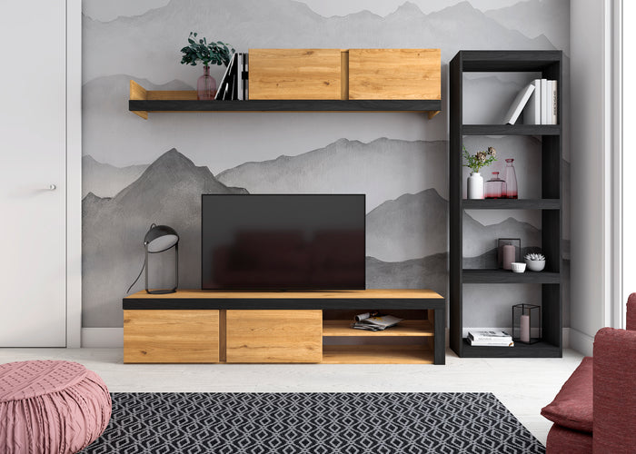 Set da soggiorno IDEM e Libreria TOTEM - Set di mobili Rovere/Nero - Scaffale Nero 200x40x180cm / 60x25x181cm