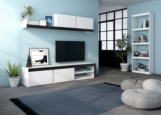 Set da Soggiorno IDEM e libreria TOTEM - colore bianco/nero - Scaffale bianco opaco 200x40x180cm / 60x25x181cm