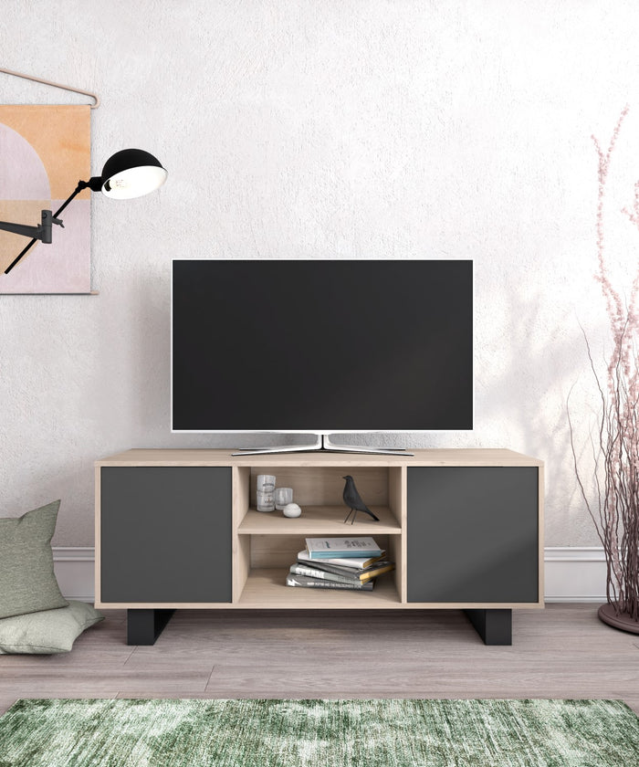 Mobile TV 137x40x57cm con 2 porte salone-soggiorno Rovere e colori porte Grigio Antracite modello Wind