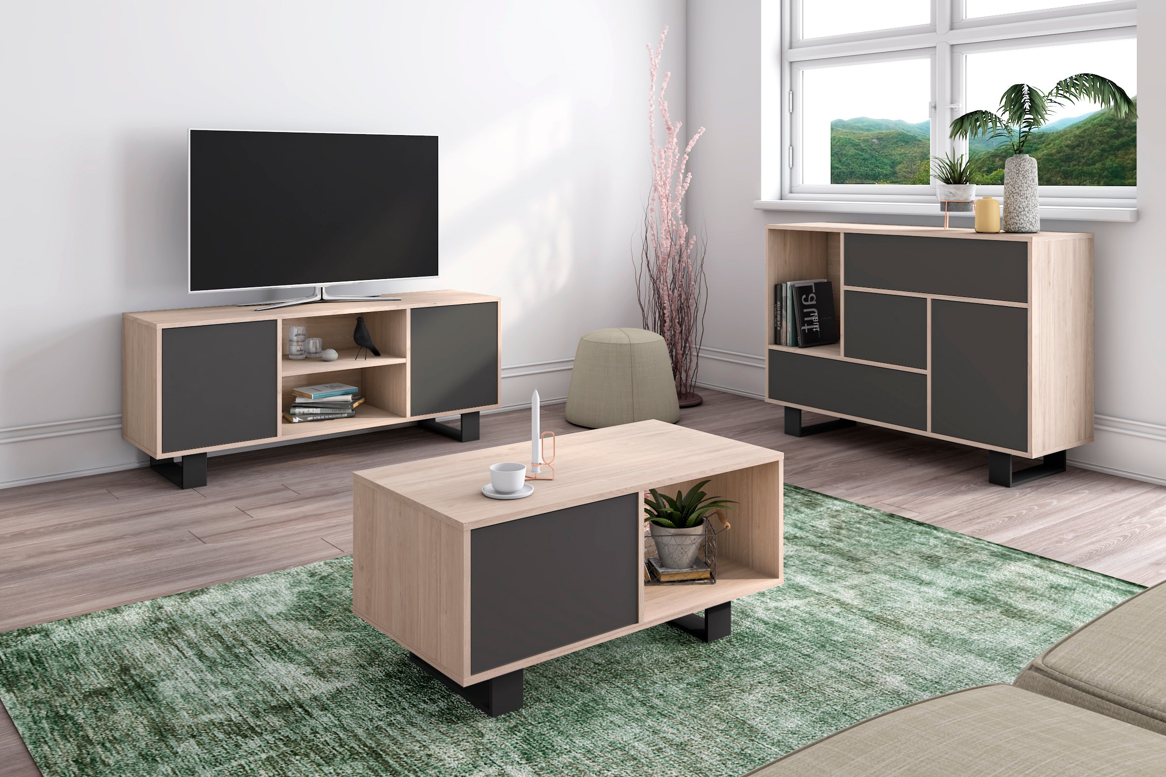 Mobile TV 137x40x57cm con 2 porte salone-soggiorno Rovere e colori porte Grigio Antracite modello Wind