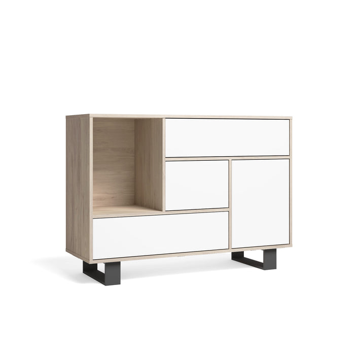 Credenza sala da pranzo 120x40x86cm Buffet 1 porta, 3 cassetti colore Rovere e colore porta e cassetti Bianco