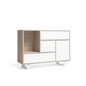 Credenza sala da pranzo 120x40x86cm Buffet 1 porta, 3 cassetti colore Rovere e colore porta e cassetti Bianco 