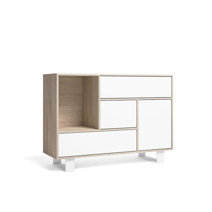 Credenza sala da pranzo 120x40x86cm Buffet 1 porta, 3 cassetti colore Rovere e colore porta e cassetti Bianco 