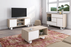 Credenza sala da pranzo 120x40x86cm Buffet 1 porta, 3 cassetti colore Rovere e colore porta e cassetti Bianco 