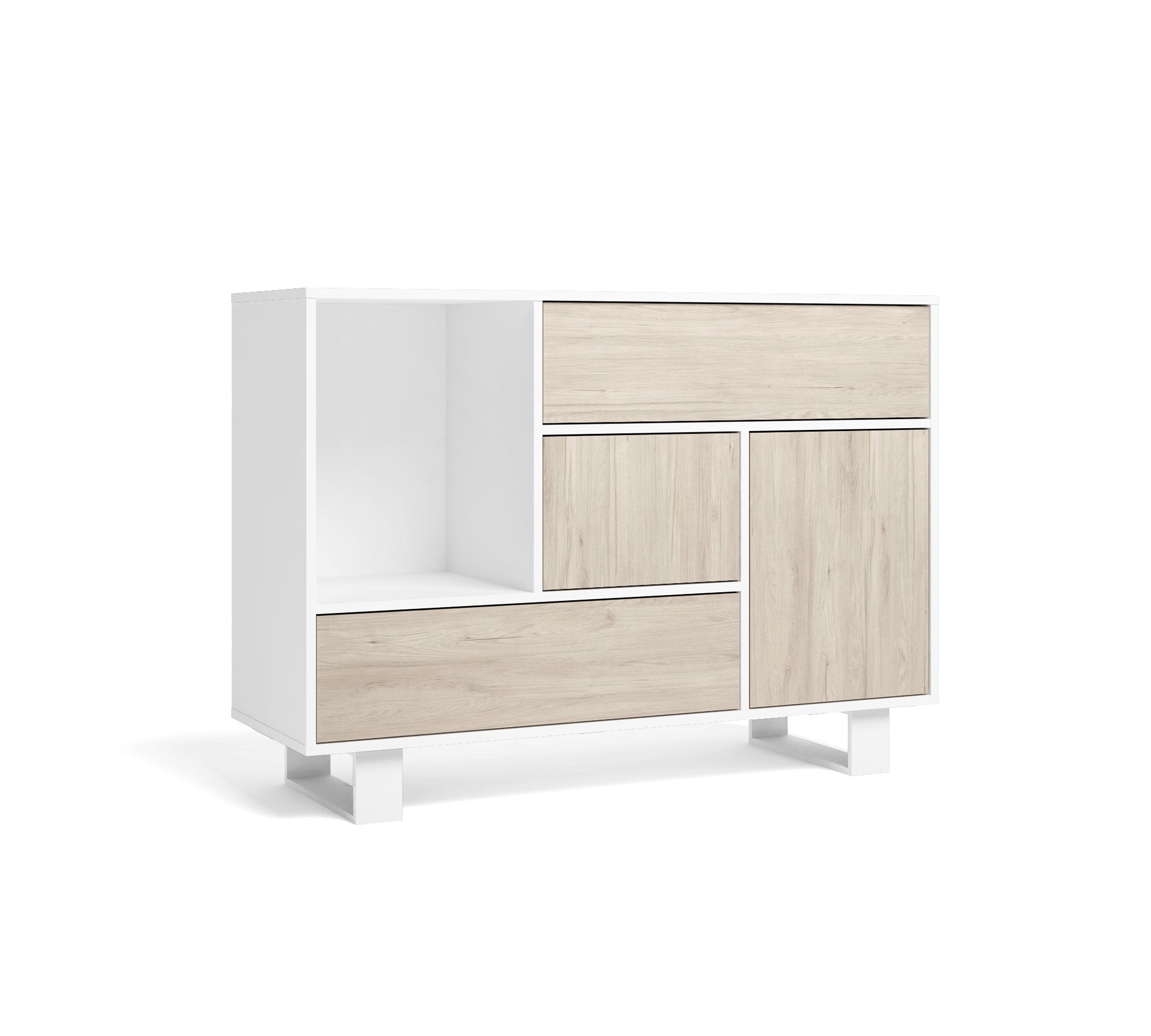 Credenza per sala da pranzo 120x40x86cm Buffet 1 porta, 3 cassetti colore bianco e colore porta e cassetti Rovere 