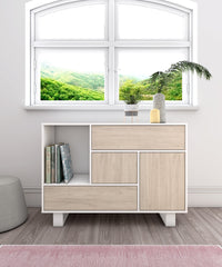 Credenza per sala da pranzo 120x40x86cm Buffet 1 porta, 3 cassetti colore bianco e colore porta e cassetti Rovere 