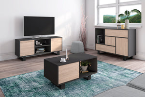 Set Wind, Set di Mobili per Soggiorno, composto da 1 Credenza, 1 Mobile TV140 e 1 Tavolino, Grigio/Rovere, Gambe Nere