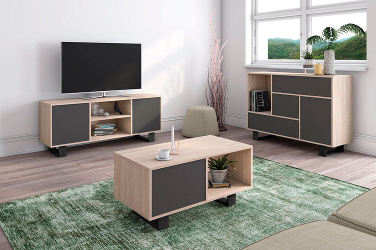 Mobile per Soggiorno composto da 1 Credenza, 1 Mobile TV140 e 1 Tavolino, colore Rovere e Grigio con Gambe Nere