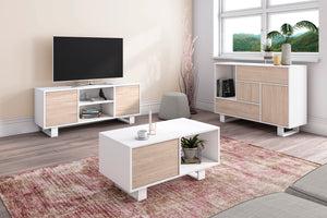 Set Wind, Set di Mobili per Soggiorno, composto da 1 Credenza, 1 Mobile TV140 e 1 Tavolino, Bianco/Rovere, Gambe Bianche