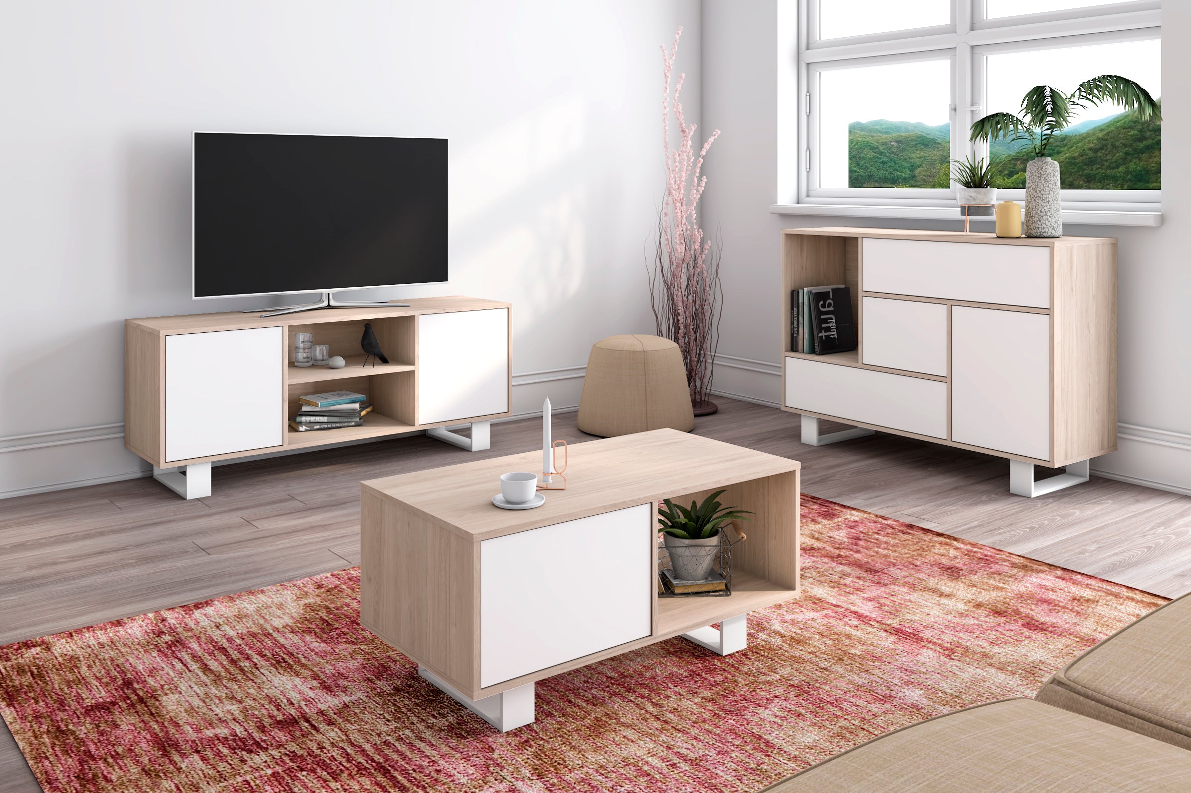 Mobile per Soggiorno composto da 1 Credenza, 1 Mobile TV140 e 1 Tavolino, colore Rovere e Bianco con Gambe Bianche