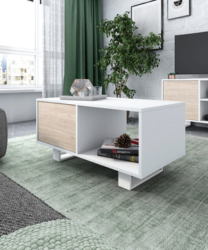 Set Wind, Set di Mobili per Soggiorno, composto da 1 Credenza, 1 Mobile TV140 e 1 Tavolino, Bianco/Rovere, Gambe Bianche