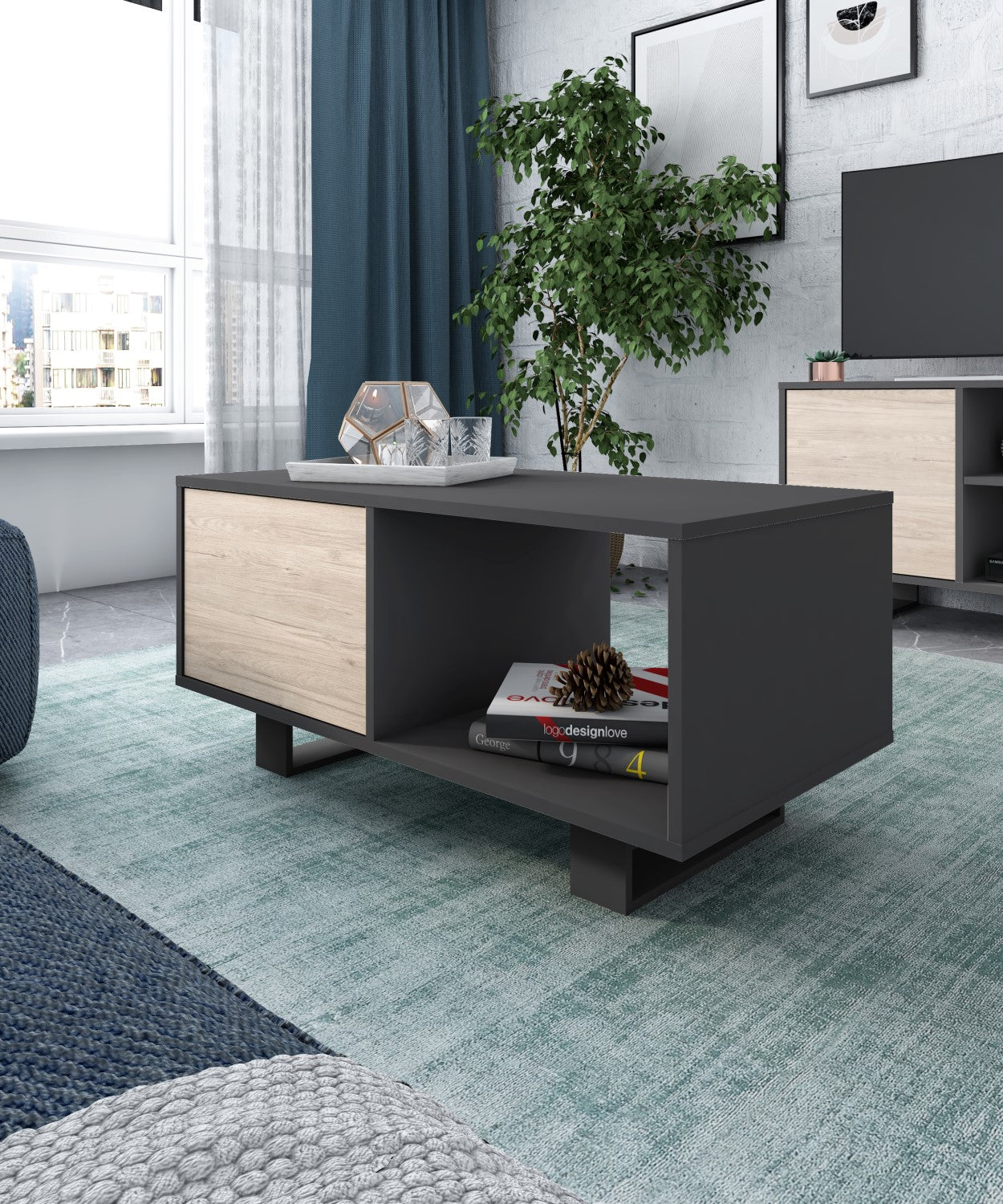 Set Wind, Set di Mobili per Soggiorno, composto da 1 Credenza, 1 Mobile TV140 e 1 Tavolino, Grigio/Rovere, Gambe Nere