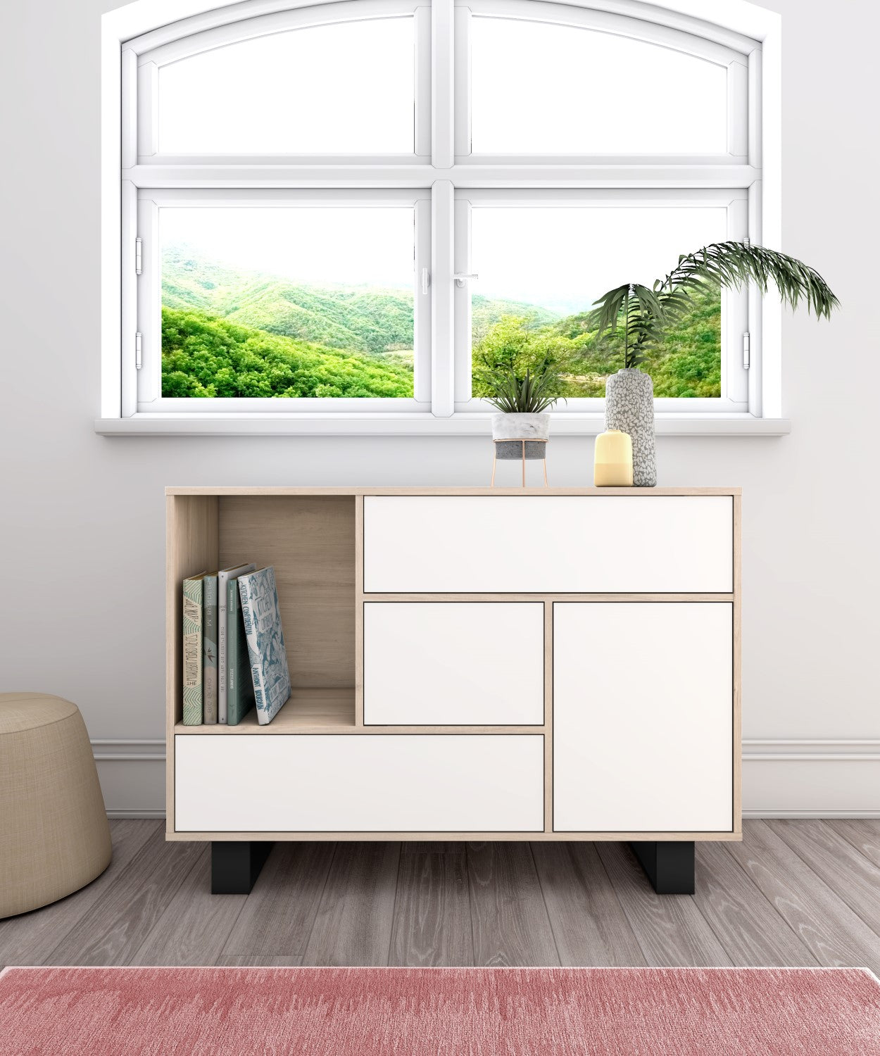 Mobile per Soggiorno composto da 1 Credenza, 1 Mobile TV140 e 1 Tavolino, colore Rovere e Bianco con Gambe Bianche